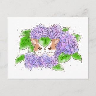 Hydrangea and Mochi Rainy Day  Postcard by Amy C