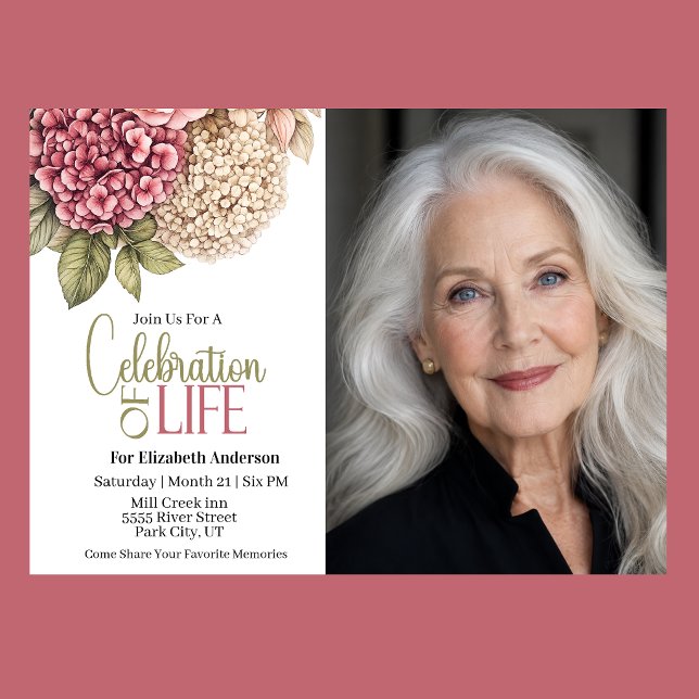 Hydrangea And Roses Celebration Of Life Invitation (Pretty Hydrangea and Rose Celebration Of Life Funeral Photo Invitation)