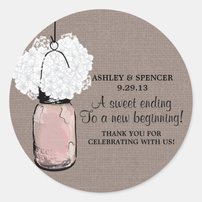 Hydrangea and Rustic Mason Jar Classic Round Sticker (Front)