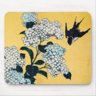 Hydrangea and Swallow, Hokusai, Ukiyo-e Mouse Pad