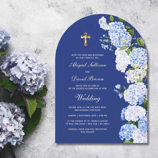 Hydrangea Arch on Blue Religious Wedding Invitation (Creator Uploaded)