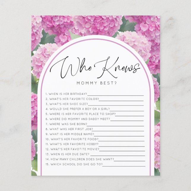 Hydrangea Baby Shower Who Knows Mummy Games (Front)