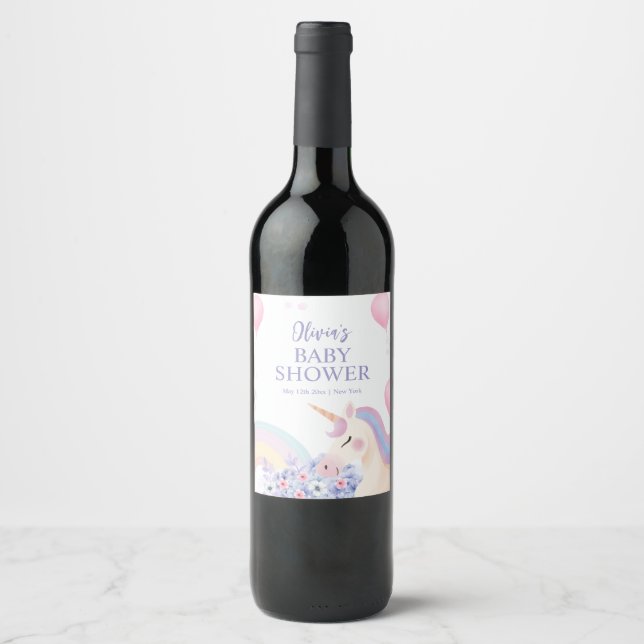 Hydrangea Balloon Rainbow Unicorn Baby Shower  Wine Label (Front)
