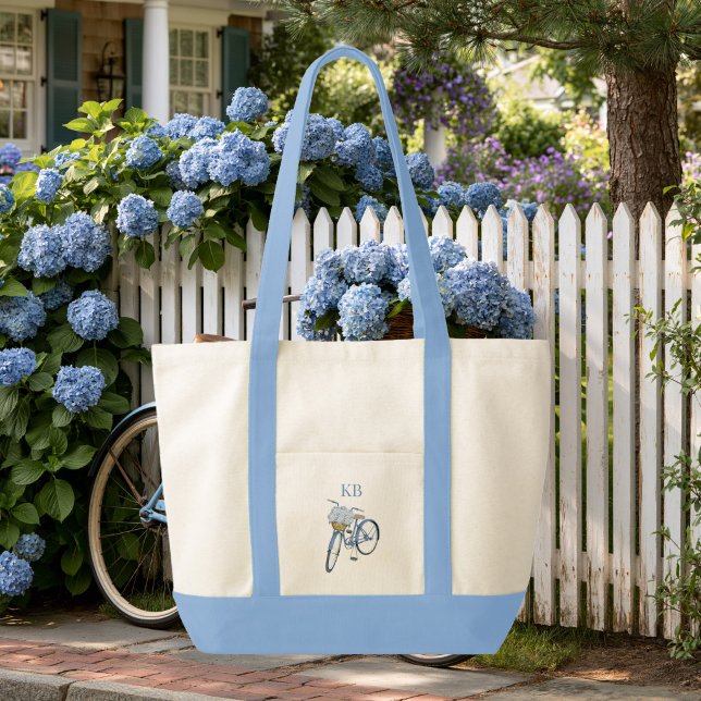Hydrangea Bicycle Monogram Contrast Trim Tote Bag (Hydrangea Bicycle Tote Bag)