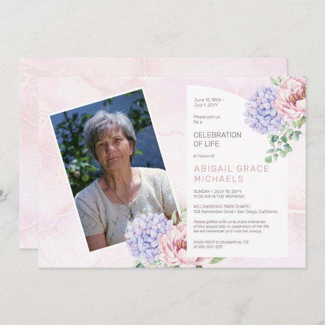 Hydrangea Blooms Woman Pink Celebration of Life Invitation (Front/Back)