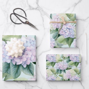 Hydrangea Blossoms Lilac Blue Cream Floral Pattern Wrapping Paper Sheet