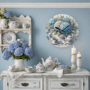 Hydrangea Blue Farmhouse Floral Tea-Set Decor Large Clock