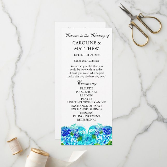 Hydrangea Blue Floral Watercolor Rustic Wedding  Programme (Front/Back In Situ)