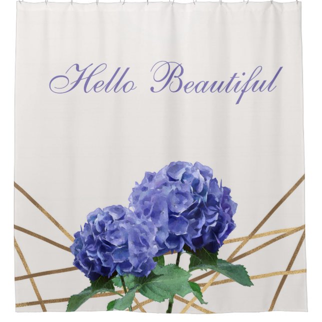 Hydrangea Blue Flowers & Gold Floral Chic Spring Shower Curtain (Front)