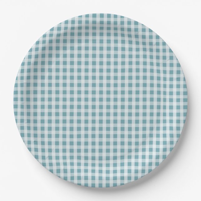 Hydrangea Blue Gingham Check Plaid Pattern Paper Plate (Front)