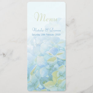Hydrangea blue green wedding menu cards