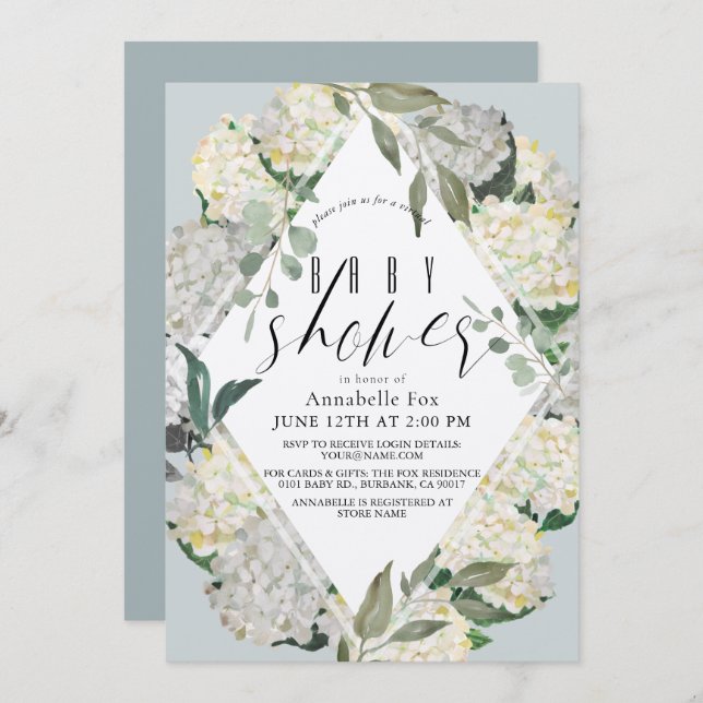 Hydrangea Blue Rhonbus Virtual Baby Shower Invitation (Front/Back)