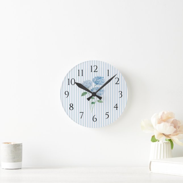 Hydrangea Blue Stripe Preppy Coastal Decor Round Clock (Home)
