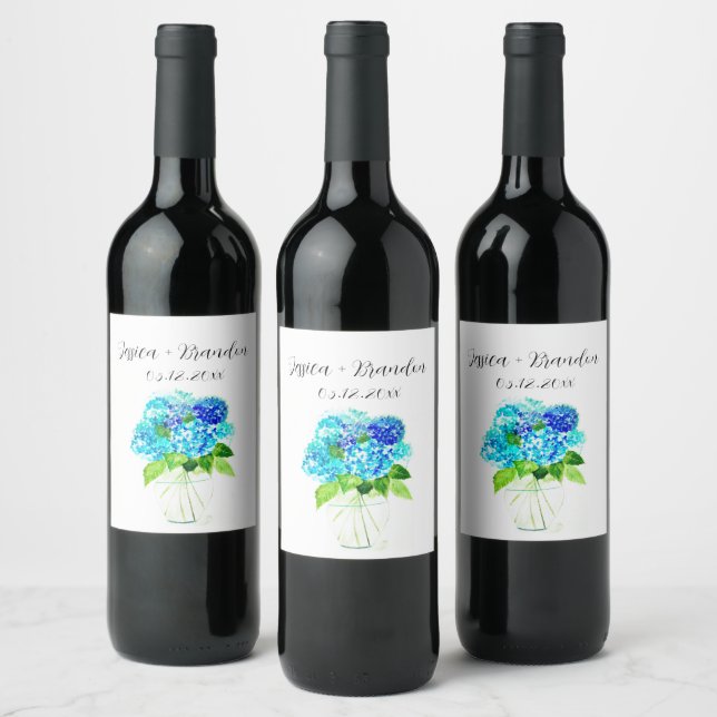 Hydrangea Blue Watercolor Flowers Floral Wedding Wine Label (Bottles)