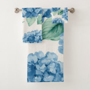 Hydrangea Blues Floral Watercolor Botanical Blooms Bath Towel Set