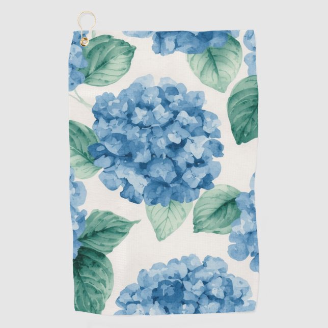 Hydrangea Blues Floral Watercolor Botanical Blooms Golf Towel (Front)