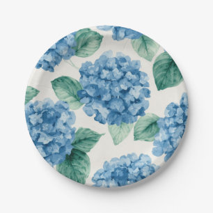Hydrangea Blues Floral Watercolor Botanical Blooms Paper Plate