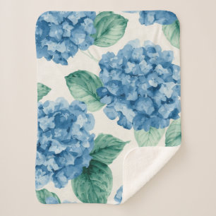 Hydrangea Blues Floral Watercolor Botanical Blooms Sherpa Blanket