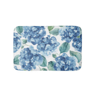 Hydrangea Blues Watercolor Blooms Flower Pattern Bath Mat