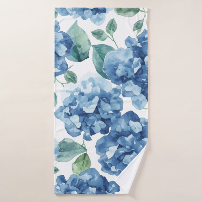Hydrangea Blues | Watercolor Blooms Flower Pattern Bath Towel (Bath Towel)