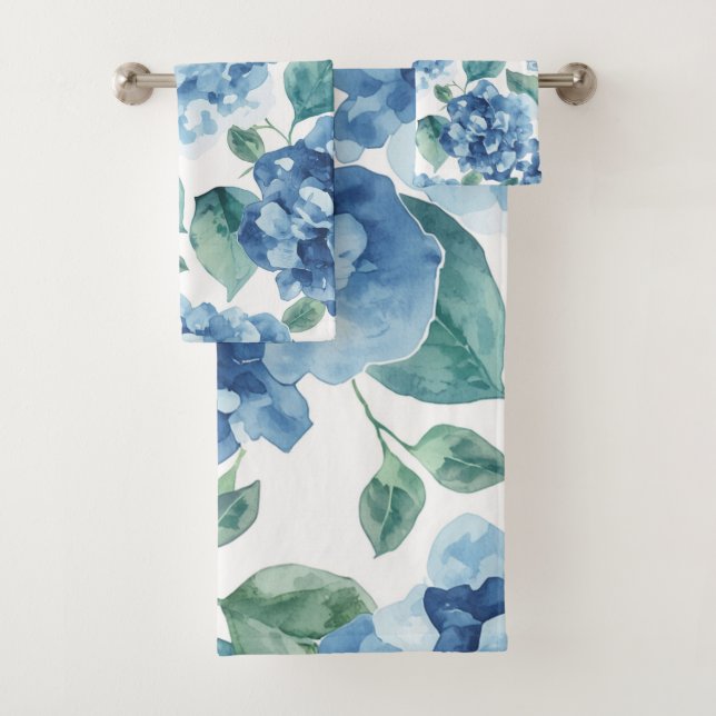 Hydrangea Blues | Watercolor Blooms Flower Pattern Bath Towel Set (Insitu)