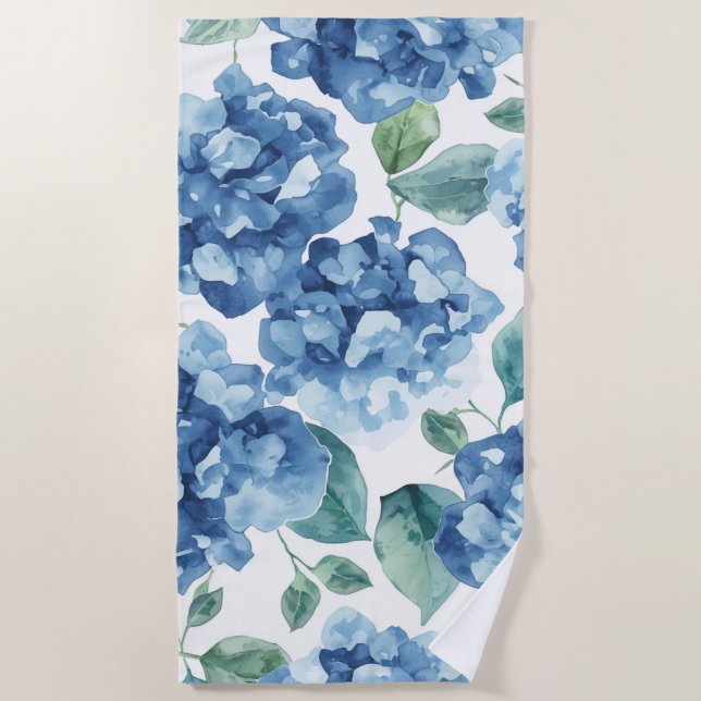 Hydrangea Blues | Watercolor Blooms Flower Pattern Beach Towel (Front)
