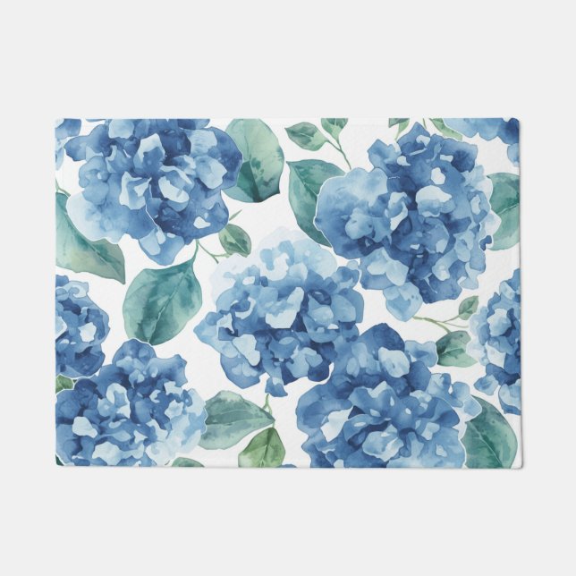 Hydrangea Blues | Watercolor Blooms Flower Pattern Doormat (Front)