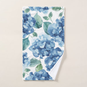 Hydrangea Blues Watercolor Blooms Flower Pattern Hand Towel