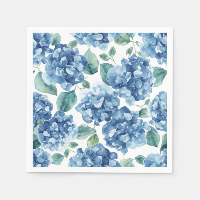 Hydrangea Blues | Watercolor Blooms Flower Pattern Napkin (Front)