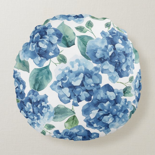 Hydrangea Blues | Watercolor Blooms Flower Pattern Round Cushion (Front)