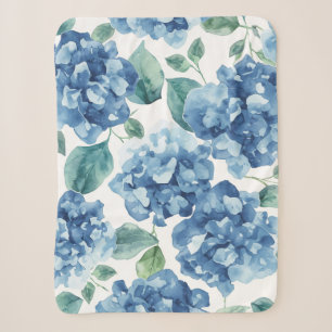 Hydrangea Blues   Watercolor Blooms Flower Pattern Sherpa Blanket