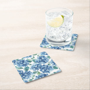 Hydrangea Blues Watercolor Blooms Flower Pattern Square Paper Coaster