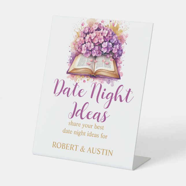 Hydrangea Book Theme Date Night Ideas Game Pedestal Sign (Front)