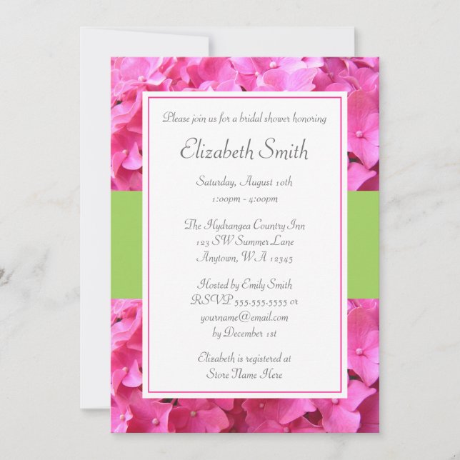 Hydrangea Border Pink Green Bridal Shower Invitation (Front)