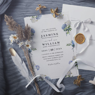 Hydrangea Bouquet Blue Elegant QR Code Wedding Invitation