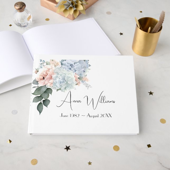 Hydrangea Bouquet On White Memorial Guest Book (Front Open)