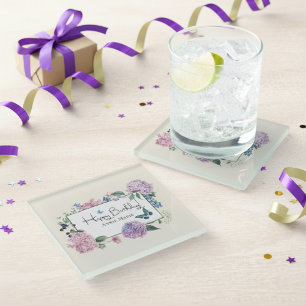 Hydrangea Bouquet Personalised Happy Birthday Glass Coaster