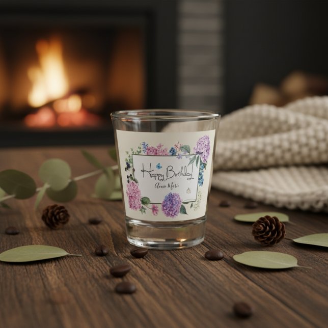 Hydrangea Bouquet Personalised Happy Birthday Shot Glass (Hydrangea Bouquet Personalized Happy Birthday Shot Glass)
