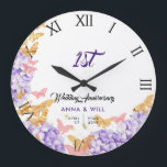 Hydrangea Butterfly Boho Chic Wedding Anniversary Large Clock<br><div class="desc">A boho chic, modern, elegant, personalised wedding anniversary keepsake clock featuring a wreath of pink and gold butterflies (this is a digital effect, not real foil), purple hydrangeas, modern typography and the words "Wedding Anniversary" in elegant calligraphy, as well as roman numerals for the clock face. A nice custom wedding...</div>