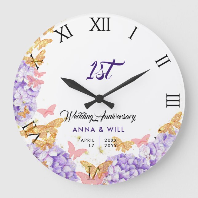 Hydrangea Butterfly Boho Chic Wedding Anniversary Large Clock (Front)