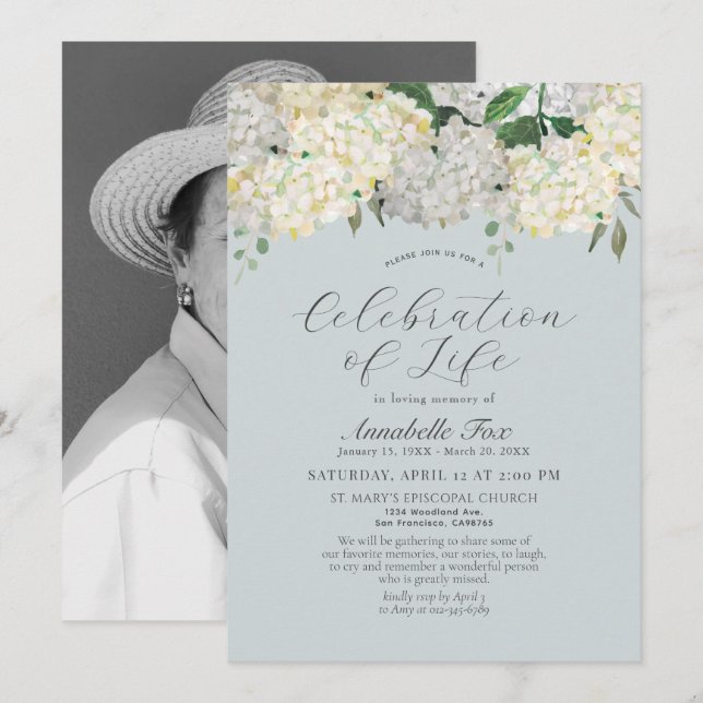 Hydrangea Celebration of Life Funeral Memorial Invitation (Front/Back)