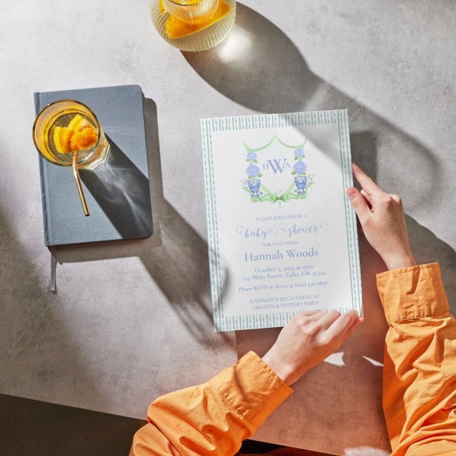 Hydrangea Chinoiserie Topiary Monogram Baby Shower Invitation (Creator Uploaded)