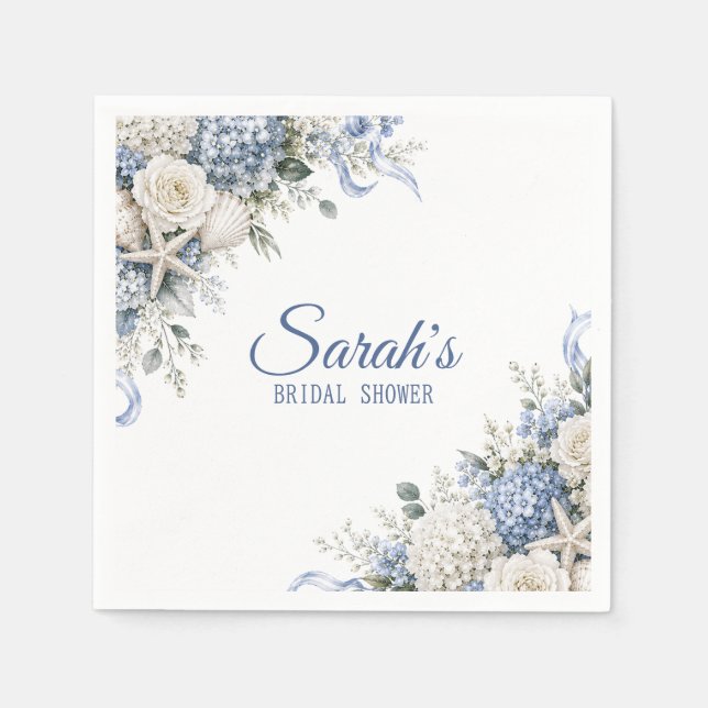 Hydrangea Coastal Bridal Shower Personalized Napkin (Front)