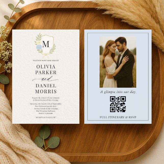Hydrangea Crest Monogram Photo QR Code Wedding Invitation (Creator Uploaded)