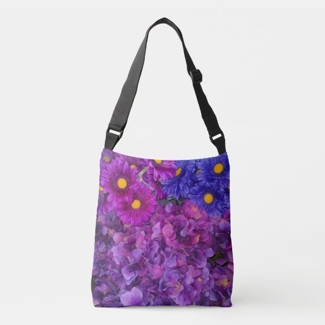 Hydrangea Daisy Blue Purple Cross Body Bag (Front)