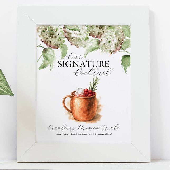 Hydrangea Decor Signature Cocktail Bar Signs (Green hydrangea wedding decor features a signature cocktail sign. Hand painted art Do Tell A Belle)