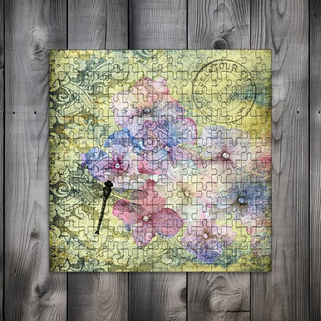 Hydrangea Dragonfly Postmark Ephemera Jigsaw Puzzle (Creator Uploaded)