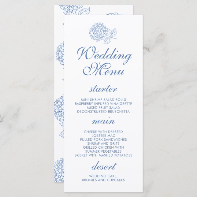 Hydrangea Dusty Blue Floral Modern Wedding Menu (Front/Back)