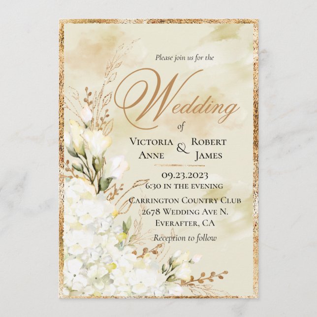 Hydrangea Elegant White Gold Floral Wedding  Invitation (Front)