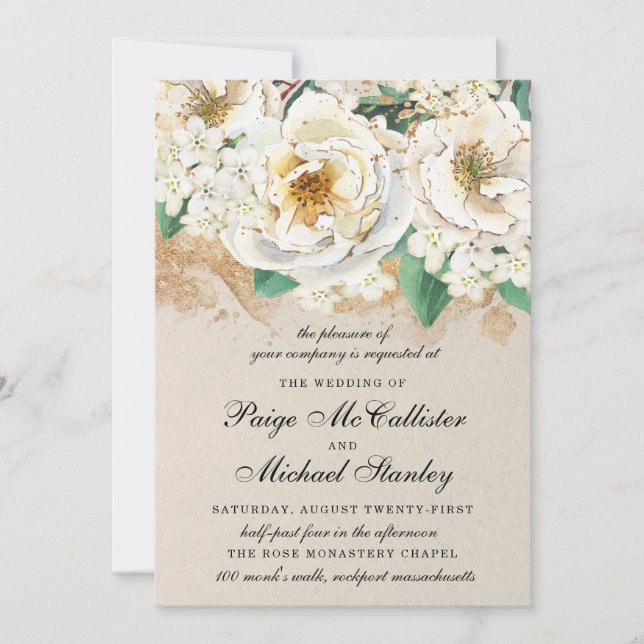 Hydrangea Elegant White Gold Rose Floral Invitation (Front)
